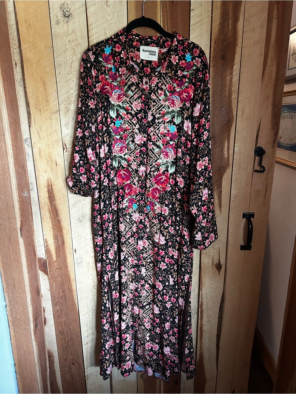 Savanna Jane Black Maxi Dress with Pink Floral Embroidery size L